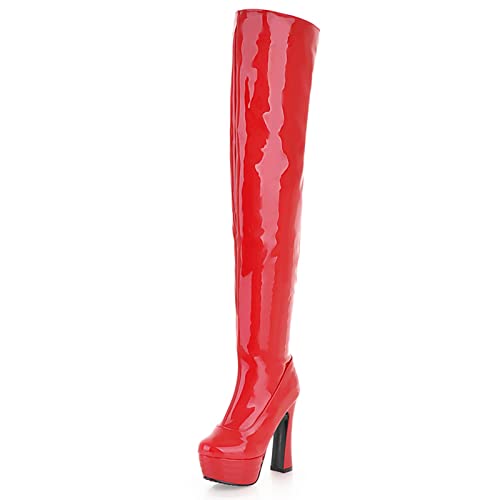 Bviennic Damen Lack Höhe Ferse Plateau Oberschenkel Herren Boots Reißverschluss Stylish Blockabsatz Winter Thigh Nightclub Prom Boots Rot Gr 42 EU-44Cn von Bviennic