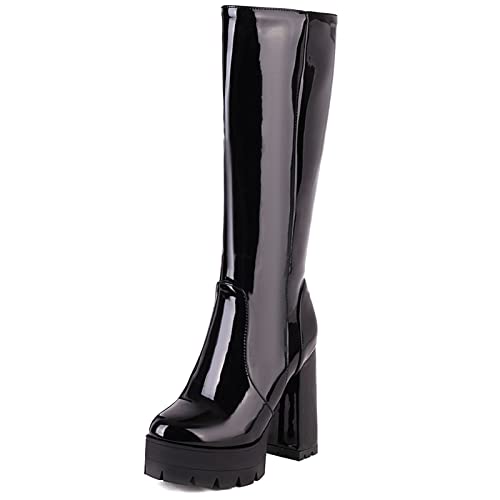 Bviennic Damen Mode Blockabsatz Plateau Knee Reitstiefel Runde Zehen Reißverschluss Winter Party Lack Boots Prom Schwarz Gr 39 EU-40Cn von Bviennic
