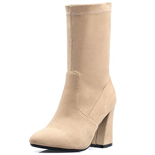 Bviennic Damen Mode Halbschaft Stretch Stiefel Blockabsatz Ohne Verschluss Winter Pointed Toe Stiefeletten Party Schuhe Aprikose Gr 39 EU-40Cn von Bviennic