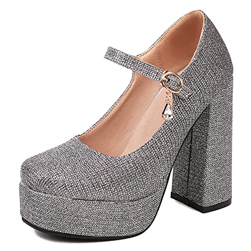 Bviennic Damen Mode Plateau Chunky Heeld Mary Jane Pumps Elegant Prom Höhe Ferse Runde Zehen Plateau Hochzeit Schuhe Bride Schwarz Gr 42 Eu-44Cn von Bviennic