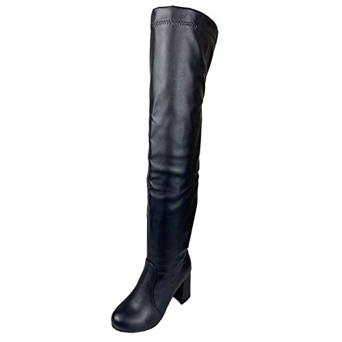 Bviennic Damen Oberschenkel Mode Stretch Stiefel Runde Zehen Herren Party Blockabsatz Thigh Winter Warm Kleid Boots Schwarz-P Gr 48 EU-50Cn von Bviennic