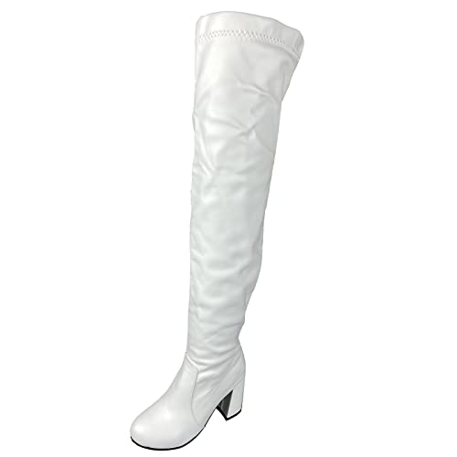 Bviennic Damen Oberschenkel Mode Stretch Stiefel Runde Zehen Herren Party Blockabsatz Thigh Winter Warm Kleid Boots Weiß-P Gr 50 EU-52Cn von Bviennic