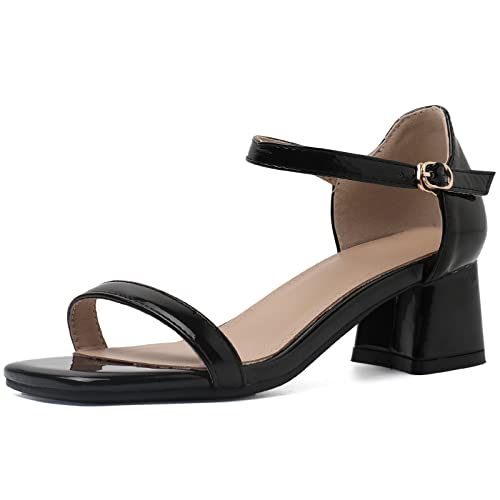 Bviennic Damen Offene Zeh Lack Sandalen Block Mitte Absatz Knöchelriemchen Sommer Hochzeit Komfort Kleid Schuhe Bridesmaid Schwarz Gr 44 Eu-46Cn von Bviennic