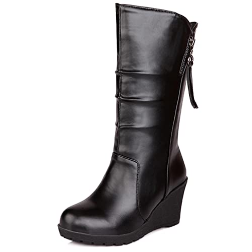 Bviennic Damen Ohne Verschluss Halbschaft Winter Slouch Keilabsatz Boots Runde Zehen Komfort Höhe Ferse Klassischer Herren Warm Reitstiefel Schwarz Gr 44 EU-46Cn von Bviennic