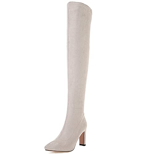 Bviennic Damen Ohne Verschluss Thigh Stretch Stiefel Pointed Toe Elegant Kleid Blockabsatz Mode Wildleder Overknees Boots Beige Gr 41 EU-43Cn von Bviennic