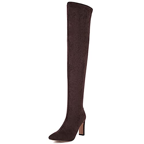 Bviennic Damen Ohne Verschluss Thigh Stretch Stiefel Pointed Toe Elegant Kleid Blockabsatz Mode Wildleder Overknees Boots Braun Gr 36 Eu von Bviennic