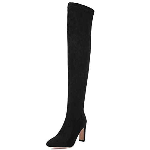Bviennic Damen Ohne Verschluss Thigh Stretch Stiefel Pointed Toe Elegant Kleid Blockabsatz Mode Wildleder Overknees Boots Schwarz Gr 39 EU-40Cn von Bviennic
