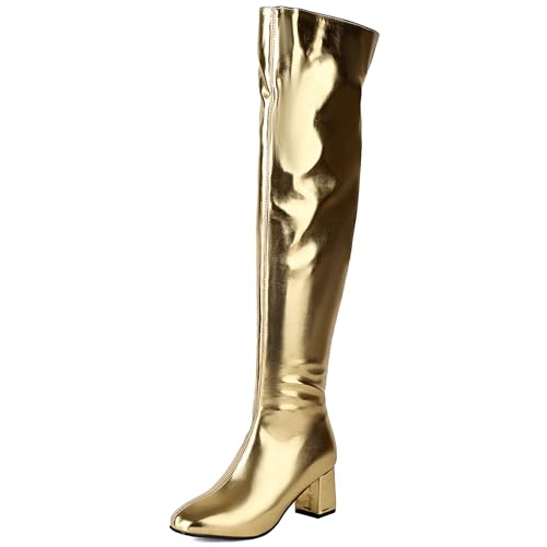 Bviennic Damen Overknee Stiefel Block Mitte Absatz Mode Runde Zehen Zip Party 2433 Gold Gr 40.5 EU/42Cn von Bviennic