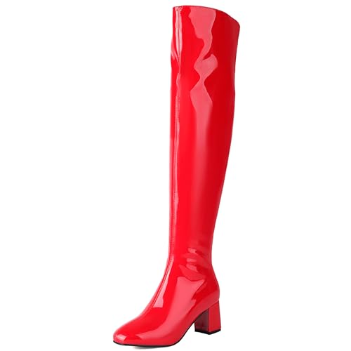 Bviennic Damen Overknee Stiefel Block Mitte Absatz Mode Runde Zehen Zip Party 2433 Rot Gr 36.5 EU/37Cn von Bviennic