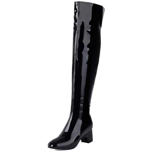 Bviennic Damen Overknee Stiefel Block Mitte Absatz Mode Runde Zehen Zip Party 2433 Schwarz Gr 39 EU/40Cn von Bviennic