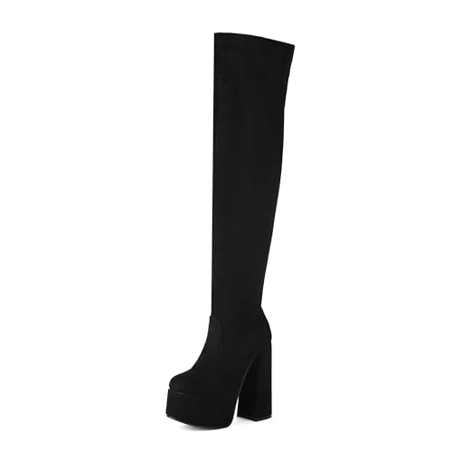 Bviennic Damen Overknee Stiefel Chunky Höhe Ferse mit Plateau Mode Runde Zehen Zip Party 2348 Schwarz-Ms Gr 40 EU/41Cn von Bviennic