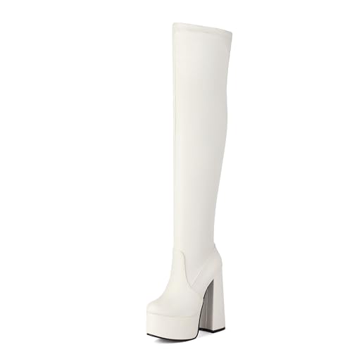 Bviennic Damen Overknee Stiefel Chunky Höhe Ferse mit Plateau Mode Runde Zehen Zip Party 2348 Weiß Gr 42 EU/44Cn von Bviennic