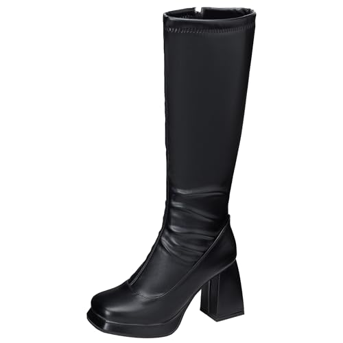 Bviennic Damen Overknee Stiefel Chunky Höhe Ferse mit Plateau Simple Square Toe Zip Party 2414 Schwarz Gr 34 EU von Bviennic