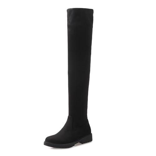 Bviennic Damen Overknee Stiefel Flach Simple Runde Zehen Ohne Verschluss Stretch 2365 Schwarz Gr 44 EU/46Cn von Bviennic