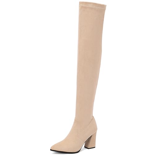 Bviennic Damen Overknee Stiefel Hohen Blockabsatz Mode Pointed Toe Ohne Verschluss Stretch 2448 Beige Gr 40.5 EU/42Cn von Bviennic