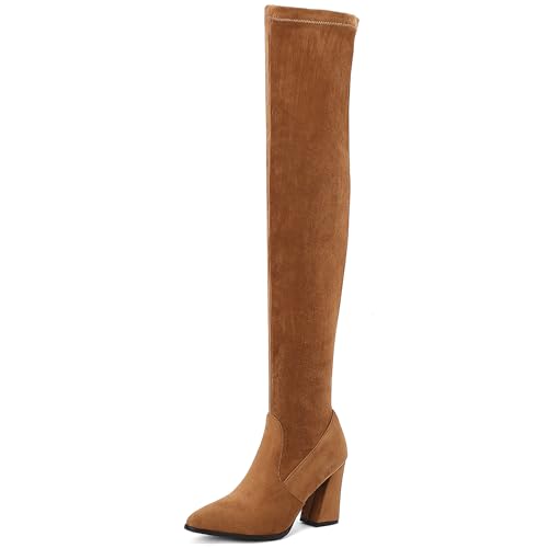 Bviennic Damen Overknee Stiefel Hohen Blockabsatz Mode Pointed Toe Ohne Verschluss Stretch 2448 Braun Gr 36.5 EU/37Cn von Bviennic