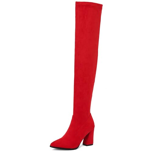 Bviennic Damen Overknee Stiefel Hohen Blockabsatz Mode Pointed Toe Ohne Verschluss Stretch 2448 Rot Gr 39 EU/40Cn von Bviennic