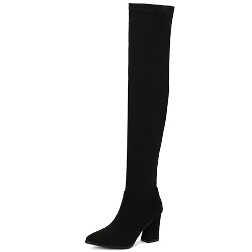 Bviennic Damen Overknee Stiefel Hohen Blockabsatz Mode Pointed Toe Ohne Verschluss Stretch 2448 Schwarz Gr 39 EU/40Cn von Bviennic