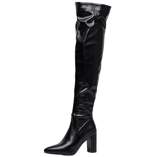 Bviennic Damen Overknee Stiefel Hohen Blockabsatz Mode Pointed Toe Zip Party 2416 Schwarz Gr 43 EU/45Cn von Bviennic