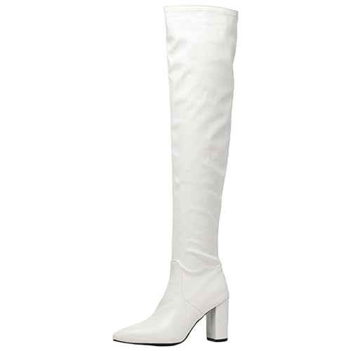 Bviennic Damen Overknee Stiefel Hohen Blockabsatz Mode Pointed Toe Zip Party 2416 Weiß Gr 41 EU/43Cn von Bviennic