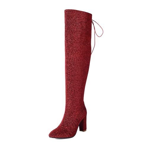 Bviennic Damen Overknee Stiefel Hohen Blockabsatz Mode Runde Zehen Zip Party 2242 Rot Gr 40.5 EU/42Cn von Bviennic