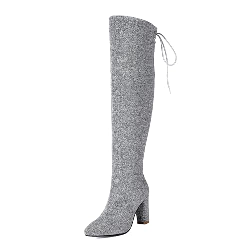 Bviennic Damen Overknee Stiefel Hohen Blockabsatz Mode Runde Zehen Zip Party 2242 Silber Gr 36.5 EU/37Cn von Bviennic