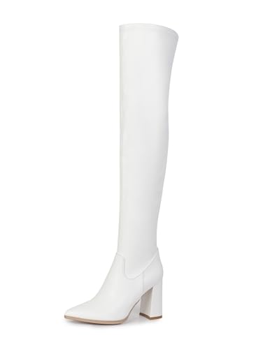 Bviennic Damen Overknee Stiefel Hohen Blockabsatz Simple Pointed Toe Zip Party 2320 Weiß Gr 40.5 EU/42Cn von Bviennic