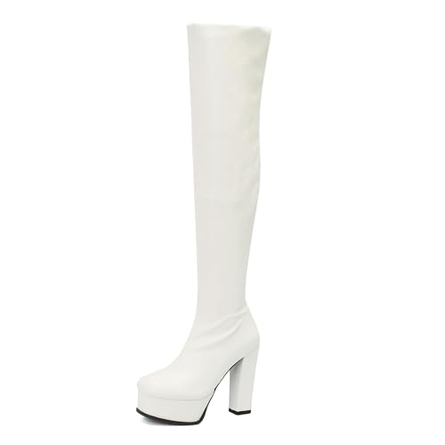 Bviennic Damen Overknee Stiefel Hohen Blockabsatz mit Plateau Mode Runde Zehen Ohne Verschluss Party 2227 Weiß Gr 45 EU/47Cn von Bviennic