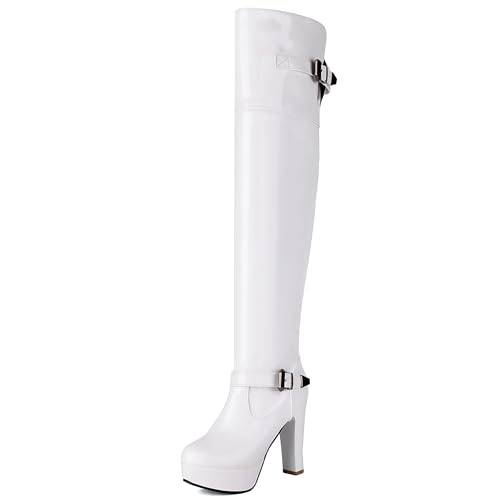 Bviennic Damen Overknee Stiefel Hohen Blockabsatz mit Plateau Mode Runde Zehen Ohne Verschluss Party 2438 Weiß Gr 37 EU/38Cn von Bviennic