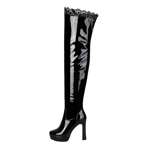 Bviennic Damen Overknee Stiefel Hohen Blockabsatz mit Plateau Mode Runde Zehen Zip Party 2340 Schwarz Gr 36 EU von Bviennic