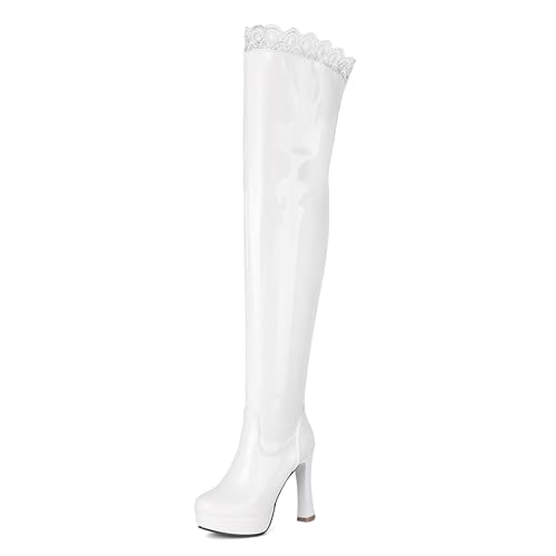 Bviennic Damen Overknee Stiefel Hohen Blockabsatz mit Plateau Mode Runde Zehen Zip Party 2340 Weiß Gr 42 EU/44Cn von Bviennic