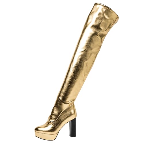 Bviennic Damen Overknee Stiefel Hohen Blockabsatz mit Plateau Mode Runde Zehen Zip Party 2408 Gold Gr 36.5 EU/37Cn von Bviennic