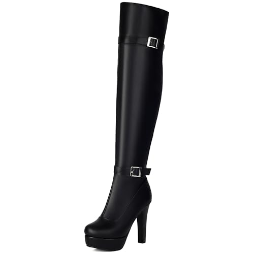 Bviennic Damen Overknee Stiefel Hohen Blockabsatz mit Plateau Mode Runde Zehen Zip Party 2469 Schwarz Gr 36.5 EU/37Cn von Bviennic