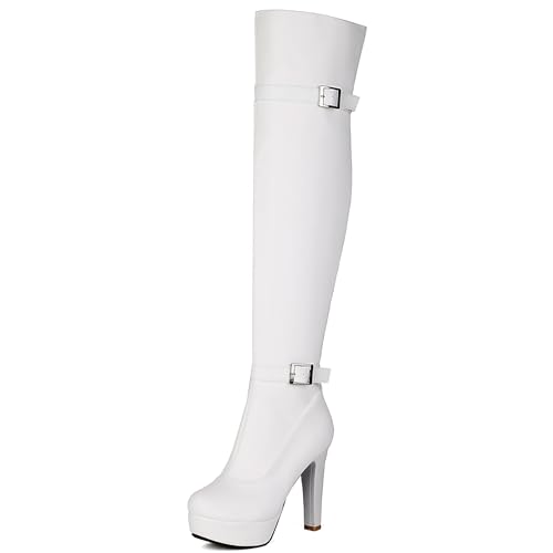 Bviennic Damen Overknee Stiefel Hohen Blockabsatz mit Plateau Mode Runde Zehen Zip Party 2469 Weiß Gr 41 EU/43Cn von Bviennic