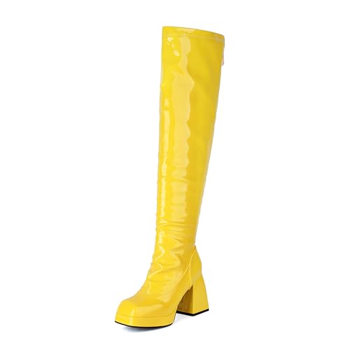 Bviennic Damen Overknee Stiefel Hohen Blockabsatz mit Plateau Mode Square Toe Zip Party 2287 Gelb Gr 40.5 EU/42Cn von Bviennic