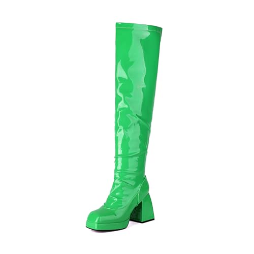 Bviennic Damen Overknee Stiefel Hohen Blockabsatz mit Plateau Mode Square Toe Zip Party 2287 Grün Gr 40.5 EU/42Cn von Bviennic