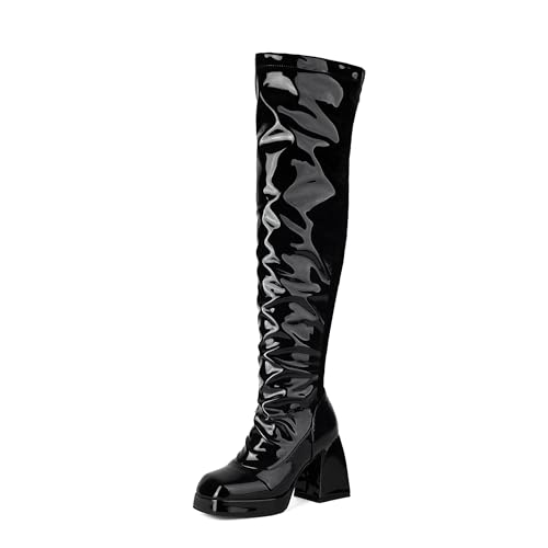 Bviennic Damen Overknee Stiefel Hohen Blockabsatz mit Plateau Mode Square Toe Zip Party 2287 Schwarz Gr 40 EU/41Cn von Bviennic