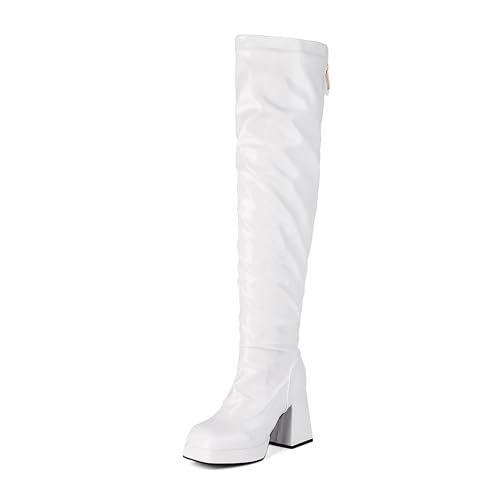 Bviennic Damen Overknee Stiefel Hohen Blockabsatz mit Plateau Mode Square Toe Zip Party 2287 Weiß Gr 40.5 EU/42Cn von Bviennic