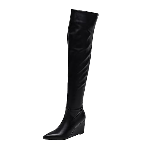 Bviennic Damen Overknee Stiefel Hohen Keilabsatz Solid Pointed Toe Zip Party Stiefeletten 2289 Schwarz Gr 38 EU/39Cn von Bviennic