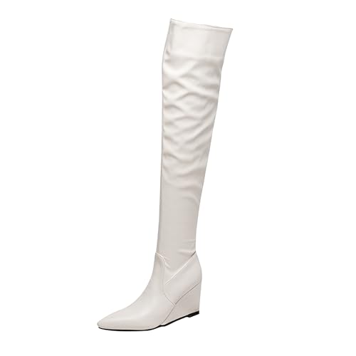 Bviennic Damen Overknee Stiefel Hohen Keilabsatz Solid Pointed Toe Zip Party Stiefeletten 2289 Weiß Gr 38 EU/39Cn von Bviennic