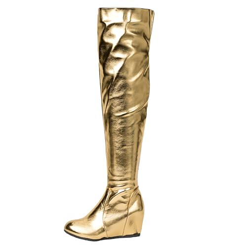 Bviennic Damen Overknee Stiefel Keilabsatz Niedrige Absatz Mode Runde Zehen Zip Party 2195 Gold Gr 37 EU/38Cn von Bviennic