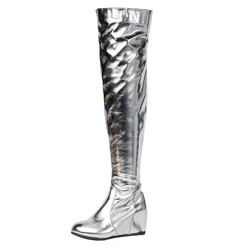 Bviennic Damen Overknee Stiefel Keilabsatz Niedrige Absatz Mode Runde Zehen Zip Party 2195 Silber Gr 36 EU von Bviennic