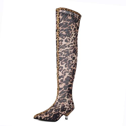 Bviennic Damen Overknee Stiefel Kitten Heel Mode Pointed Toe Schnüren Party 2341 Gelb-Leopard-Print Gr 40.5 EU/42Cn von Bviennic