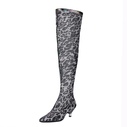 Bviennic Damen Overknee Stiefel Kitten Heel Mode Pointed Toe Schnüren Party 2341 Schwarz-Leopard-Print Gr 40.5 EU/42Cn von Bviennic