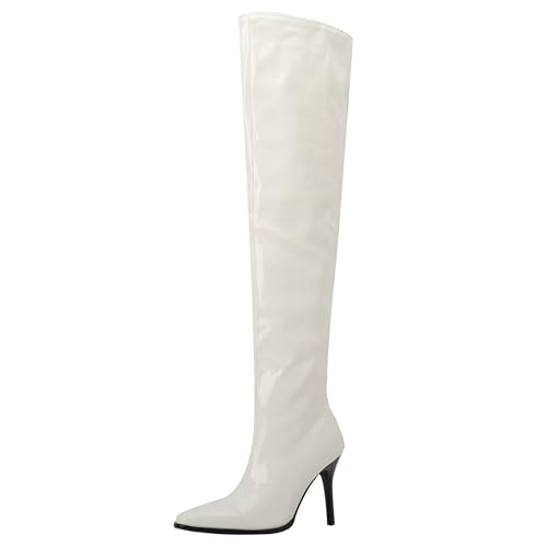 Bviennic Damen Overknee Stiefel Stiletto Höhe Ferse Mode Pointed Toe Zip Party 2410 Weiß Gr 43 EU/45Cn von Bviennic