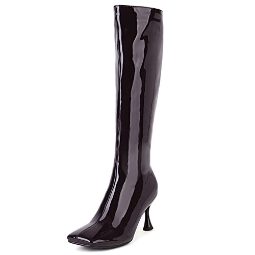 Bviennic Damen Party Knee Stretch Stiefel Kitten Heel Square Toe Mode Fell Lined Winter Kleid Stiletto Lack Boots Braun Gr 43 EU-45Cn von Bviennic