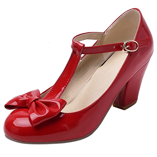 Bviennic Damen Party T Strap Mary Jane Blockabsatz Pumps Lack Closed Runde Zehen Elegant Bride Kleid Schuhe Prom Lovely Rot Gr 42 Eu-44Cn von Bviennic