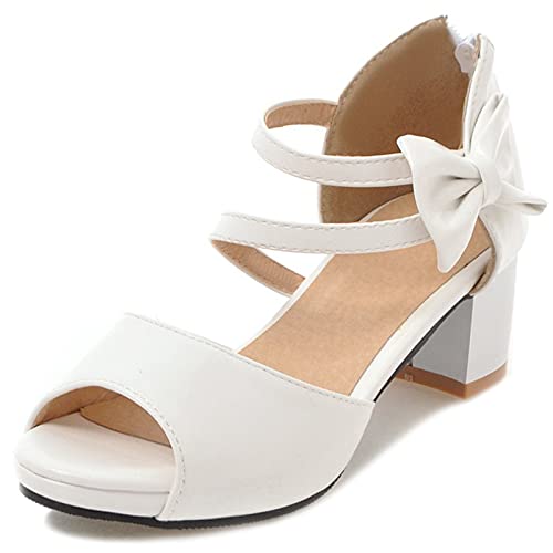 Bviennic Damen Peep Toe Blockabsatz Plateau Sandalen Bridal Komfort Knöchelriemchen Elegant Sommer Party Schuhe Sweet Bogen Weiß Gr 40 Eu-41Cn von Bviennic