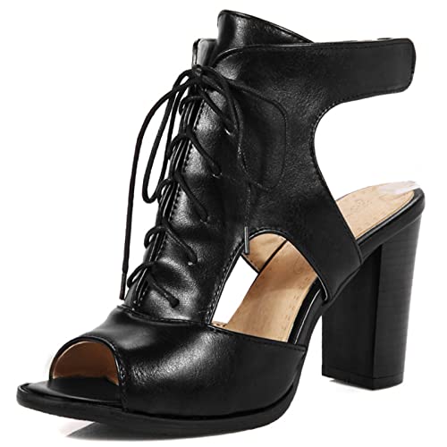 Bviennic Damen Peep Toe Schnüren Retro Gladiator Chunky Sandalen Strappy Klassischer Hohen Blockabsatz Leisure Romisch Stiefeletten Schwarz Gr 45 Eu-47Cn von Bviennic