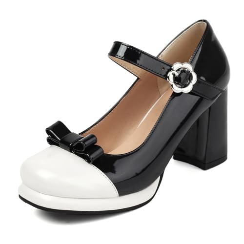 Bviennic Damen Plateau Heel Mary Jane Cap Toe Höhe Ferse Schuhe Schnalle mit Plateau Zweifarbig Klassische Dancing Schuhe C65595Lv Schwarz Gr 33.5 EU/33Cn von Bviennic